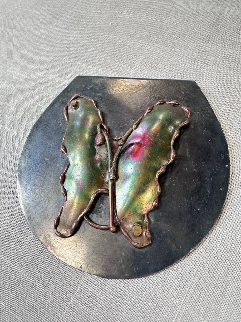 Vintage Brutalist Handmade Anodized Metal Butterfly Plate Pendant